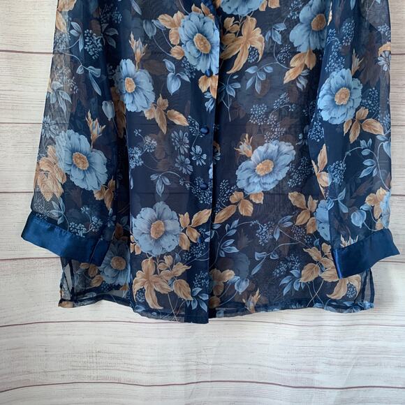 Secret Treasures Blue Floral Sheer Pajama Top Button Up Front Satin Trim Size L - Picture 4 of 15